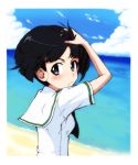  1girl bangs beach black_eyes black_hair black_neckwear blouse blue_sky blunt_bangs bob_cut closed_mouth clouds cloudy_sky commentary_request day from_side frown girls_und_panzer hand_in_hair horizon kayabakoro looking_at_viewer neckerchief ocean ooarai_school_uniform outdoors sailor_collar school_uniform serafuku short_hair short_sleeves sky solo sono_midoriko upper_body white_sailor_collar wind 