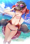  1girl bangs bare_arms bare_shoulders barefoot beach bikini black_headwear blue_sky blush breasts clouds collarbone commentary_request day eyebrows_visible_through_hair groin hair_ribbon halterneck hand_on_headwear hand_up hat highres holding holding_innertube hololive houshou_marine innertube jacket kakumayu large_breasts long_hair looking_at_viewer navel no_eyepatch ocean off_shoulder open_mouth outdoors peaked_cap red_eyes red_ribbon redhead ribbon sky smile solo standing swimsuit twintails virtual_youtuber water_drop yellow_eyes 