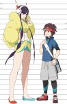  1boy 1girl age_difference asymmetrical_footwear bag black_hair blue_eyes blue_jacket blue_nails brown_eyes brown_hair closed_mouth commentary_request grey_shorts handbag height_chart height_difference jacket kamitsure_(pokemon) kyouhei_(pokemon) looking_at_another mizuno_(pixiv31352320) nail_polish pokemon pokemon_(game) pokemon_bw2 red_nails shoes short_hair short_hair_with_long_locks shorts sidelocks smile sneakers tall_female visor_cap watch watch yellow_jacket 
