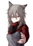  1girl animal_ears arknights bangs blood bloody_hands breasts commentary_request hair_between_eyes highres long_hair long_sleeves partial_commentary projekt_red_(arknights) shenyehuoyuan silver_hair simple_background small_breasts solo upper_body white_background wolf_ears yellow_eyes 