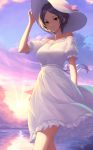  1girl arm_behind_back arm_up bare_shoulders blue_hair blue_sky bow breasts clouds collarbone dress frill_trim hat hayami_kanade highres idolmaster idolmaster_cinderella_girls jewelry large_breasts looking_at_viewer maitake_(maitake1234) necklace ocean off-shoulder_dress off_shoulder outdoors pink_bow short_hair short_sleeves sidelocks sky smile solo sun sun_hat sunlight water white_dress white_headwear yellow_eyes 