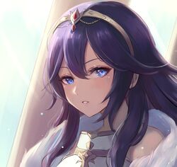  1girl bangs bare_shoulders blue_eyes blue_hair blush close-up face fire_emblem fire_emblem_awakening fur_trim gem hair_between_eyes hair_ornament leonmandala long_hair looking_at_viewer lucina lucina_(fire_emblem) parted_lips smile solo teeth tiara 