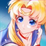  1girl 2020 bishoujo_senshi_sailor_moon blonde_hair blue_eyes blue_sailor_collar choker circlet collarbone crescent crescent_earrings earrings hair_intakes heart heart_choker jewelry parted_lips portrait red_choker sailor_collar sailor_moon sailor_moon_redraw_challenge sailor_senshi_uniform shiny shiny_hair solo whj1356 