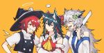  ... 3girls alternate_hairstyle animal_ears arknights bare_shoulders black_hair black_headwear blue_eyes bow cosplay crossed_arms exusiai_(arknights) hair_bow hair_ornament hakurei_reimu hakurei_reimu_(cosplay) halo hand_on_another&#039;s_shoulder hat kirisame_marisa kirisame_marisa_(cosplay) kochiya_sanae kochiya_sanae_(cosplay) lappland_(arknights) looking_at_another multiple_girls orange_background red_bow redhead scar scar_across_eye spoken_ellipsis texas_(arknights) touhou upper_body vento white_hair witch_hat wolf_ears 