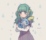  1girl argyle argyle_background bangs beige_background blunt_bangs blush closed_eyes commentary_request crossover crying crying_with_eyes_open curly_hair dot_nose eyebrows_visible_through_hair furrowed_eyebrows futaba_sana gen_8_pokemon green_eyes green_hair high_collar holding holding_pokemon jewelry long_sleeves looking_at_viewer looking_to_the_side magia_record:_mahou_shoujo_madoka_magica_gaiden mahou_shoujo_madoka_magica mizuna_girls&#039;_academy_uniform open_mouth pokemon pokemon_(creature) ring sad school_uniform shaded_face sidelocks simple_background sobble solo standing starter_pokemon streaming_tears tareme tears totte trait_connection twintails twitter_username uniform upper_body wavy_mouth 