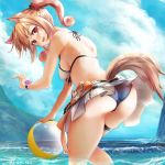  1girl animal_ears arknights ass ball bangs bare_arms bare_shoulders beachball bikini bikini_skirt blonde_hair blue_sky blush clouds commentary_request covered_nipples day eyebrows_visible_through_hair from_behind highres holding holding_ball long_hair looking_at_viewer looking_back miniskirt open_mouth red_eyes skirt sky solo sora_(arknights) standing swimsuit tail thighs triangle_purasu twintails water wolf_ears wolf_tail 