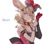  animal_ears bare_shoulders blonde_hair blush bow braid breasts closed_mouth collarbone detached_sleeves facial_mark fox_ears fox_girl gloves hair_between_eyes hair_over_shoulder hat heart heart-shaped_pupils hololive jester_cap long_hair looking_at_viewer medium_breasts multicolored_hair omaru_polka pink_hair red_gloves simple_background single_sleeve sketch symbol-shaped_pupils upper_body violet_eyes virtual_youtuber white_background yoshida_on 
