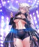  1girl animal_ears arknights azto_dio bangs belt black_jacket black_nails breasts choker cowboy_shot cross cross_necklace eyebrows_visible_through_hair grey_eyes hair_between_eyes hand_up headset highres jacket jewelry lappland_(arknights) long_hair long_sleeves looking_at_viewer midriff navel necklace oripathy_lesion_(arknights) parted_lips scar scar_across_eye sidelocks silver_hair smile solo stomach thigh_gap thighs underboob very_long_hair wolf_ears 