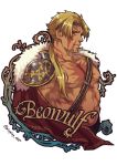  1boy alternate_costume alternate_design alternate_hairstyle bangs bara beowulf_(fate/grand_order) blonde_hair character_name chest cup facial_hair fate/grand_order fate_(series) goatee long_hair male_focus manly muscle nipples pectorals red_eyes scar shirtless solo tattoo upper_body yamanome 
