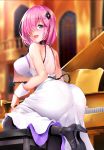 1girl ass ass_focus backless_dress backless_outfit bangs bare_back bare_shoulders blush breasts butt_crack collarbone dress evening_gown eyebrows_visible_through_hair fate/grand_order fate_(series) from_behind hair_between_eyes hair_ornament highres huge_ass impossible_clothes impossible_dress instrument kneepits large_breasts looking_at_viewer looking_back mash_kyrielight meme_attire no_bra open_mouth piano pink_hair ribbon sezoku short_hair shoulder_blades sideboob sidelocks simple_background sitting smile solo thigh-highs type-moon violet_eyes virgin_killer_sweater