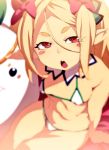  1girl bikini blonde_hair blurry blurry_background blush_stickers bow depth_of_field hair_between_eyes hair_bow long_hair looking_at_viewer micro_bikini open_mouth pointy_ears pupuru_(sennen_sensou_aigis) red_bow red_eyes sennen_sensou_aigis short_eyebrows sitting solo swimsuit tasaka_shinnosuke thick_eyebrows white_bikini 