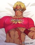  1boy bangs bara beowulf_(fate/grand_order) blonde_hair buster_shirt chest cup facial_hair fate/grand_order fate_(series) glasses goatee male_focus manly muscle nipples pectoral_grab pectorals red_eyes scar shirtless solo tattoo upper_body yamanome 