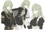  1girl black_gloves byleth_(fire_emblem) byleth_eisner_(female) closed_mouth cup fire_emblem fire_emblem:_three_houses food food_on_face garreg_mach_monastery_uniform gloves green_eyes green_hair hairband holding long_sleeves maid maid_headdress multiple_views pieces_fe3h plate simple_background smile uniform white_background 