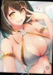  1girl :d arknights armlet bangs bare_shoulders bikini black_hair breasts commentary_request criss-cross_halter dermar eyebrows_visible_through_hair grey_bikini hair_between_eyes halterneck hand_up heart highres large_breasts looking_at_viewer magallan_(arknights) multicolored_hair navel open_mouth short_hair smile solo stomach streaked_hair swimsuit upper_body yellow_eyes 