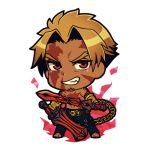  1boy bangs beowulf_(fate/grand_order) blonde_hair chest chibi cup facial_hair fate/grand_order fate_(series) full_body goatee lowres male_focus manly muscle red_eyes scar shirtless solo tattoo yamanome 