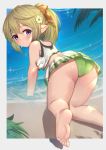  1girl all_fours ass bangs bare_arms bare_legs bare_shoulders barefoot beach bikini blush bow brown_bow brown_hair closed_mouth commentary_request eyebrows_visible_through_hair feet granblue_fantasy hair_between_eyes hair_bow harvin looking_at_viewer looking_back mimlememel ponytail sand soles solo swimsuit uneg violet_eyes water wet white_bikini 