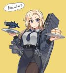  1girl aircraft bangs belt black_belt black_legwear black_skirt blonde_hair blue_neckwear blush bomber_jacket breasts closed_mouth english_text eyebrows_visible_through_hair food gun_case holding holding_plate hornet_(kantai_collection) jacket kantai_collection kusanagi_tonbo large_breasts long_hair long_sleeves necktie neckwear_between_breasts pancake pantyhose pencil_skirt plate simple_background skirt solo speech_bubble sweat syrup translated wavy_mouth xf5u yellow_background 