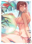  1girl ball bangs bare_shoulders beach beach_umbrella beachball bikini breasts brown_eyes brown_hair day highres kanojo_okarishimasu large_breasts long_hair looking_at_viewer mizuhara_chizuru outdoors pink_nails red_bikini rhine_(overtonerhine) sitting solo swimsuit thighs umbrella 