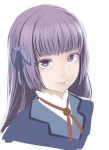  1girl blue_ribbon closed_mouth copyright_request hair_ribbon long_hair looking_at_viewer portrait purple_hair ribbon simple_background smile solo tasaka_shinnosuke violet_eyes white_background 