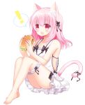  ! 1girl :o animal_ears bangs bare_arms bare_shoulders barefoot black_bow black_ribbon blush bow cat_ears cat_girl cat_tail commentary_request dress eyebrows_visible_through_hair fang food full_body hair_between_eyes hair_bow hair_ribbon hamburger highres holding holding_food long_hair looking_at_viewer open_mouth original pink_hair red_eyes ribbon shikito simple_background sleeveless sleeveless_dress solo spoken_exclamation_mark tail tail_ribbon white_background white_dress white_nails 