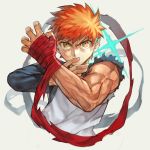  1boy beige_background biceps cropped_torso emiya_shirou fate/stay_night fate_(series) gleam hand_up hankuri heaven&#039;s_feel long_sleeves looking_at_viewer male_focus muscle orange_hair raglan_sleeves shirt shroud_of_martin simple_background solo torn_sleeve upper_body white_shirt yellow_eyes 