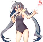  1girl ahoge artist_logo black_swimsuit commentary_request competition_school_swimsuit cowboy_shot dated flat_chest food grey_eyes grey_hair hair_between_eyes hair_bun highres kanon_(kurogane_knights) kantai_collection kiyoshimo_(kantai_collection) licking low_twintails popsicle school_swimsuit simple_background solo swimsuit twintails white_background 