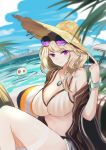  1girl absurdres arknights bangs bare_shoulders bikini breasts brown_hair bupa_chila commentary_request eyebrows_visible_through_hair eyewear_on_head hand_up hat highres huge_filesize large_breasts looking_at_viewer off_shoulder short_hair solo stomach sun_hat sunglasses swimsuit thighs utage_(arknights) violet_eyes 