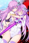  2girls breasts covered_navel dual_persona eyebrows_visible_through_hair hair_between_eyes hair_ornament iwasi-r leotard long_hair looking_at_another medium_breasts multiple_girls nepnep_connect:_chaos_chanpuru neptune_(series) power_symbol pubic_tattoo purple_sister purple_sister_(chaos_form) tattoo very_long_hair 