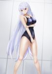  1girl absurdres azur_lane belfast_(azur_lane) black_swimsuit blue_eyes breasts commentary_request competition_swimsuit covered_navel feet_out_of_frame highres large_breasts lim_(ramu) long_hair looking_at_viewer one-piece_swimsuit silver_hair solo standing swimsuit 