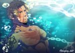  1boy abs bangs bara beowulf_(fate/grand_order) blonde_hair bubble chain chest cup facial_hair fate/grand_order fate_(series) goatee in_water male_focus muscle nipples pectorals red_eyes scar shirtless tattoo upper_body wet yamanome 