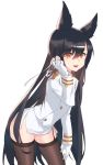  1girl animal_ears atago_(azur_lane) azur_lane black_hair black_legwear contrapposto cowboy_shot gallant99770 garter_straps gloves hair_between_eyes hair_ribbon hair_tucking highres leaning_forward long_hair long_sleeves military military_uniform miniskirt mole mole_under_eye orange_eyes ribbon side_slit simple_background skirt smile solo thigh-highs uniform very_long_hair white_gloves younger 