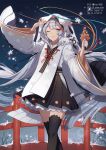  1girl ;) animal animal_on_shoulder arm_up bangs bare_tree beamed_eighth_notes bell black_legwear black_skirt closed_mouth eyebrows_visible_through_hair fen_renlei grey_eyes grey_hair grey_kimono hand_up hatsune_miku holding hood hood_up japanese_clothes jingle_bell kagura_suzu kimono long_hair long_sleeves looking_at_viewer musical_note musical_note_hair_ornament musical_note_print one_eye_closed pleated_skirt rabbit rabbit_yukine railing skirt smile snow snowflake_print snowflakes snowing standing thigh-highs tree very_long_hair vocaloid wide_sleeves yuki_miku yuki_miku_(2018) 