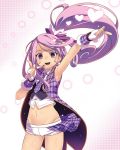  1girl :d bow cowboy_shot cure_sword dokidoki!_precure earrings fingerless_gloves floating_hair gloves hair_bow hand_up heart high_ponytail idol jewelry kenzaki_makoto long_hair looking_at_viewer micro_shorts microphone navel necktie open_mouth precure purple_bow purple_hair purple_neckwear purple_vest shorts smile solo standing tasaka_shinnosuke vest violet_eyes white_gloves white_shorts 