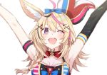  1girl ;d animal_ear_fluff animal_ears arm_strap armpits arms_up bangs bare_shoulders black_hair blonde_hair blue_bow blush bow braid breasts elbow_gloves eyebrows_visible_through_hair fox_ears fox_girl gloves hair_between_eyes hair_bow hair_ornament hat heart hololive jester_cap long_hair medium_breasts multicolored_hair omaru_polka one_eye_closed open_mouth pink_hair red_neckwear side_braid sidelocks single_elbow_glove smile solo spade_(shape) star_(symbol) star_in_eye streaked_hair symbol_in_eye tomari_(veryberry00) violet_eyes virtual_youtuber 