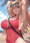  1girl armpits atago_(kantai_collection) beach blonde_hair blue_eyes blue_sky blush breasts clouds covered_navel day highres kakeku kantai_collection large_breasts lifeguard long_hair looking_at_viewer one-piece_swimsuit open_mouth outdoors red_swimsuit sky smile solo swimsuit wet whistle whistle_around_neck 