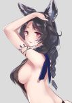  1girl absurdres animal_ears arm_up armpits bangs bare_shoulders bikini black_bikini black_hair blush braid breasts granblue_fantasy highres large_breasts long_hair looking_at_viewer natsu_(sinker8c) nier_(granblue_fantasy) red_eyes simple_background swimsuit 