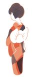  1girl bow facing_away from_behind from_side full_body hirasawa_minami japanese_clothes kimono limited_palette no_lineart original print_kimono red_kimono short_hair simple_background solo standing white_background yukata 
