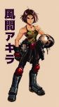  1girl absurdres ahoge armored_boots biker_clothes boots brown_eyes brown_hair camouflage camouflage_tank_top capcom david_liu gloves helmet highres kazama_akira knee_pads pink_background rival_schools short_hair skull solo street_fighter street_fighter_v tank_top toned translation_request 