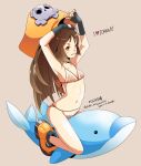  1girl black_gloves brown_eyes brown_hair chimaki_(impressiveanarchy) fingerless_gloves gloves guilty_gear hat long_hair looking_at_viewer may_(guilty_gear) orange_headwear pirate_hat simple_background smile solo swimsuit 