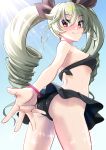  1girl anchovy_(girls_und_panzer) ass bikini bikini_skirt black_bikini blush breasts closed_mouth collarbone drill_hair eyebrows_visible_through_hair girls_und_panzer green_hair hair_ornament hair_ribbon highres long_hair looking_at_viewer looking_back medium_breasts outdoors red_eyes ribbon shiny shiny_hair sky smile solo sunlight sweat swimsuit swimwear twin_drills twintails yamagami_mozuku 