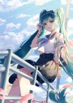  1girl absurdres aqua_eyes aqua_hair bag black_collar black_skirt bracelet carrying_over_shoulder chinese_commentary clouds cloudy_sky collar commentary_request day falling_petals flower hair_ornament hand_in_hair handrail hatsune_miku highres jewelry lips long_hair looking_at_viewer midriff_peek miniskirt outdoors petals pink_flower pleated_skirt qian_pu_liu_shang sailor_collar school_uniform scrunchie serafuku shirt short_sleeves sitting skirt sky smile solo twintails utility_pole very_long_hair vocaloid white_shirt wrist_scrunchie 