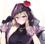  1girl azur_lane bangs bare_shoulders black_dress black_gloves black_hairband black_wedding_dress blue_eyes blush bow breasts bridal_veil closed_mouth commentary_request dress eyebrows_visible_through_hair flower frilled_dress frills gloves hair_between_eyes hair_ribbon hairband hands_up holding iron_cross jewelry light_brown_hair looking_at_viewer marshall_k medium_breasts necklace ribbon rose short_hair sidelocks simple_background sleeveless solo taut_clothes taut_dress turtleneck_dress upper_body veil wedding_dress white_background z23_(azur_lane) z23_(schwarze_hochzeit)_(azur_lane) 