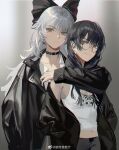 2girls alternate_costume arm_around_neck bespectacled black_bow black_choker black_hair black_jacket black_pants bow brown_eyes casual choker closed_mouth collarbone contemporary fujiwara_no_mokou glasses gradient gradient_background grey_background grey_eyes grey_hair hair_between_eyes hair_bow highres houraisan_kaguya jacket jinrouguguzhi light_smile long_hair looking_at_viewer multiple_girls off_shoulder open_clothes open_jacket pants round_eyewear simple_background tank_top third-party_source touhou upper_body v-shaped_eyebrows very_long_hair weibo_logo weibo_username white_tank_top 
