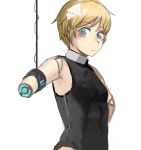  1girl amputee android black_leotard blonde_hair blue_eyes closed_mouth cowboy_shot diva_(hyxpk) highres leotard looking_at_viewer original short_hair simple_background sketch solo white_background 