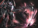  absurdres black_background english_commentary extra_eyes glowing glowing_eyes glowing_weapon highres holding holding_scythe holding_weapon horns looking_at_viewer mecha no_humans open_hand original red_eyes scythe simple_background solo takuan_(a_mood_home) weapon 