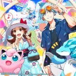  1boy 6+girls ace_trainer_(pokemon) alolan_form alolan_sandslash altaria blue_eyes blue_hair bow bracer brown_eyes brown_hair clouds commentary_request dated day gen_1_pokemon gen_3_pokemon gen_7_pokemon hands_up hat hat_bow highres holding jigglypuff kotone_(pokemon) lass_(pokemon) lucia_(pokemon) multiple_girls musical_note official_art open_mouth outdoors pokemon pokemon_(creature) pokemon_(game) pokemon_masters pokemon_ranger_(pokemon) sky spoken_musical_note stage summer sunglasses teeth tongue tsuwabuki_daigo twintails white_headwear 