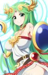  1girl bare_shoulders belt breasts circlet cowboy_shot dress green_eyes green_hair halo highres jewelry kid_icarus large_breasts long_hair looking_at_viewer palutena shield side_slit simple_background smile staff thigh-highs totallyiryanic very_long_hair white_background white_dress 