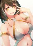  1girl :d arknights armlet bangs bare_shoulders bikini black_hair breasts commentary_request criss-cross_halter dermar eyebrows_visible_through_hair grey_background grey_bikini hair_between_eyes halterneck hand_up highres large_breasts looking_at_viewer magallan_(arknights) multicolored_hair navel open_mouth short_hair smile solo stomach streaked_hair swimsuit upper_body yellow_eyes 