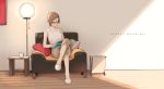  1girl bangs bare_shoulders brown_hair brown_pants coffee_mug couch cup lamp living_room magazine magazine_rack mug original pants parted_bangs reading red-framed_eyewear sawarakajin shirt short_hair sitting slippers solo table title white_shirt wooden_floor 