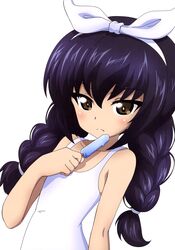  1girl absurdres alternate_costume alternate_hairstyle black_hair blush braid closed_mouth collarbone eyebrows_visible_through_hair food frown girls_und_panzer hairband highres kanau long_hair looking_at_viewer popsicle reizei_mako solo swimsuit twin_braids upper_body white_swimsuit 